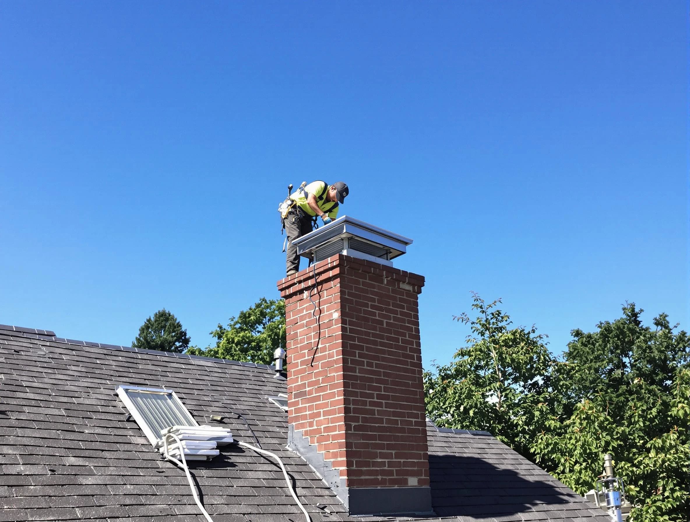 Pemberton Chimney Sweep technician measuring a chimney cap in Pemberton, NJ